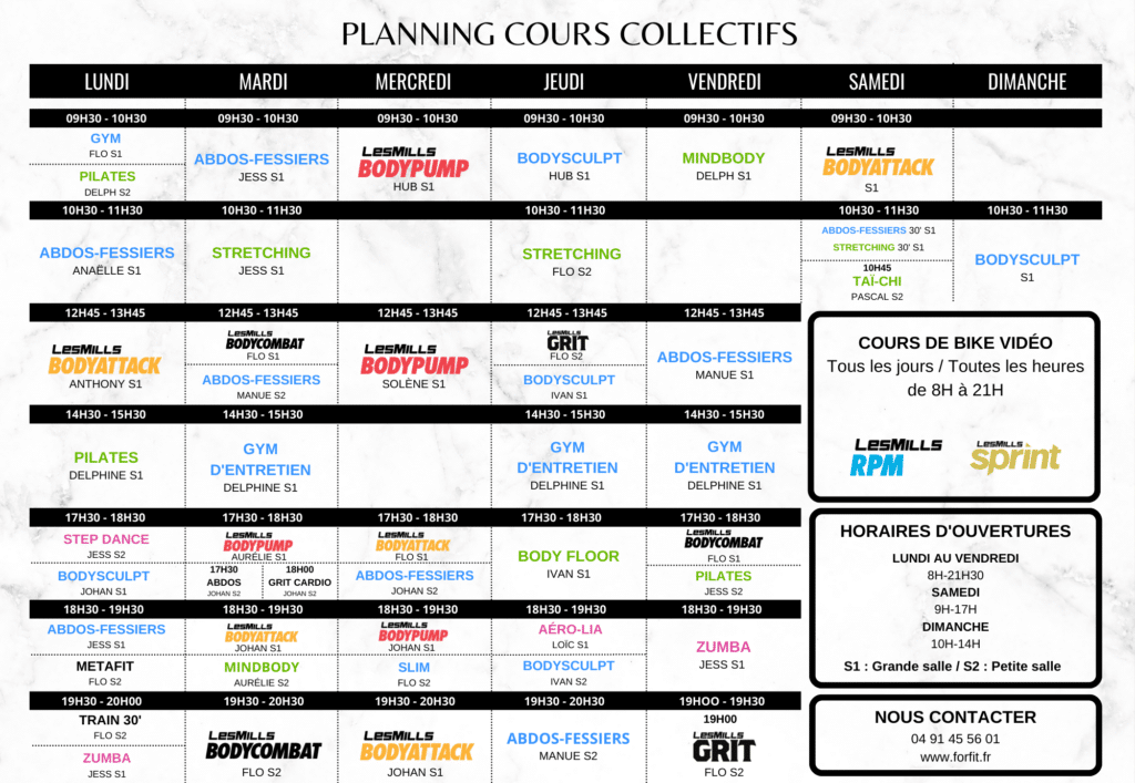 Planning cours collectifs FORFIT MARSEILLE