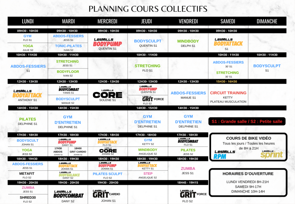 PLANNING COURS COLLECTIFS FORFIT